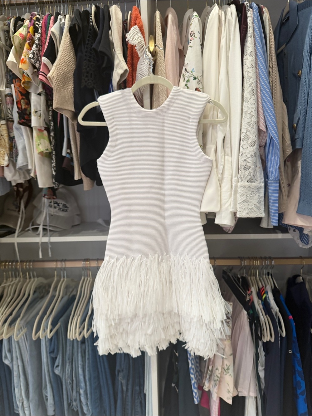 Aje White Ribbed Fringe Hem Formal Dress